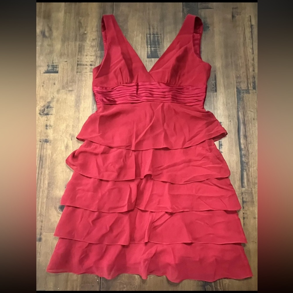 BCBG Max Azria Cocktail Dress V-Neck Tiered Chiffon Ruffle Ribbon Fit & Flare